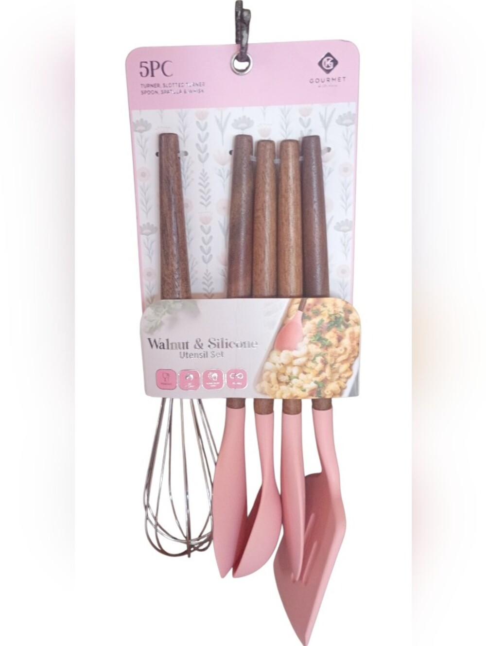 NWT Gourmet 5pc Walnut & Silicone Utensil Set Pink